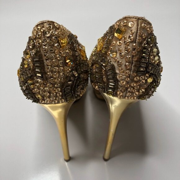 RARE ZiGiNY Black Label Romi Gold Jewel Gem Satin Sexy Peep-toe Pumps Stilettos - Picture 3 of 16